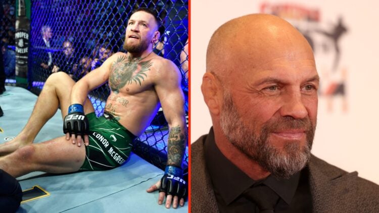 Conor McGregor on the floor after breaking his leg at UFC 264 and Randy Couture in a suit with his cauliflower ear facing the camera