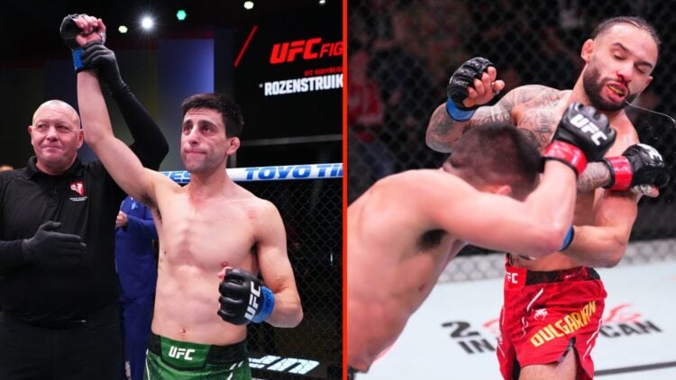 Christian Rodriguez punches Isaac Dulgarian in their featherweight fight and Steve Erceg of Australia celebrates after knocking out Matt Schnell in...