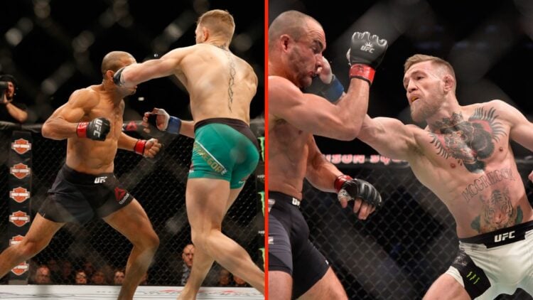 Conor McGregor knocks Jose Aldo out with a left hand and Conor McGregor lands a punch on Eddie Alvarez during UFC 205