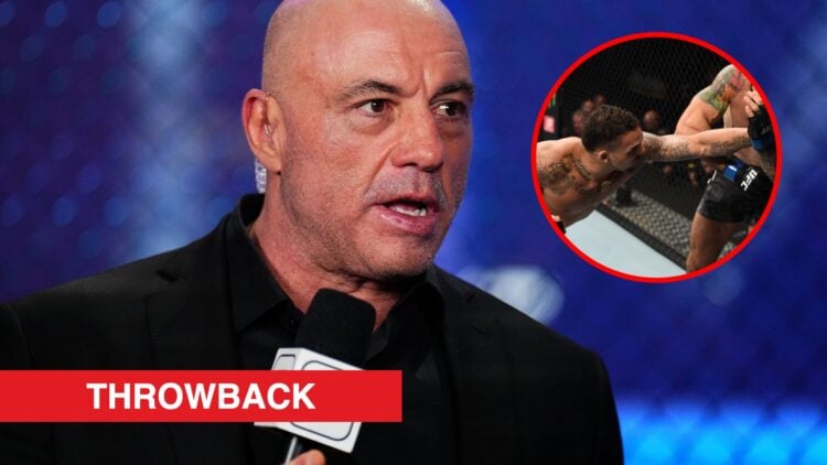 Main: Joe Rogan on commentary duty at UFC 313. Inset: Eryk Anders punches Vinicius Moreira during their fight at UFC Minneapolis.