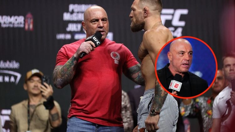 Joe Rogan speaks with Conor McGregor at the UFC 264 weigh in with an inset of Joe Rogan with his mouth open being interviewed outside the octagon