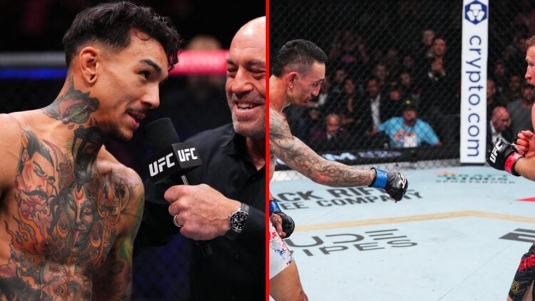 Split image of Andre Fili talking to Joe Rogan in post-fight UFC interview, Max Holloway pointing down to the canvas at UFC 300 against Justin Gaethje