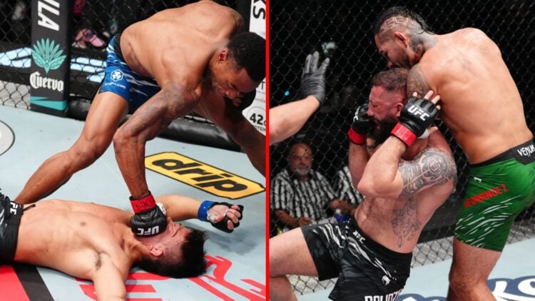 Left: Elijah Smith punches Toshiomi Kazama on the ground during their fight at UFC Vegas 109. Right: Anthony Hernandez locks in a choke to submit R...