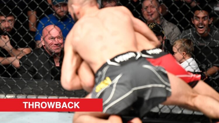 Dana White watches cageside as Khamzat Chimaev grapples Li Jingliang during their fight at UFC 267