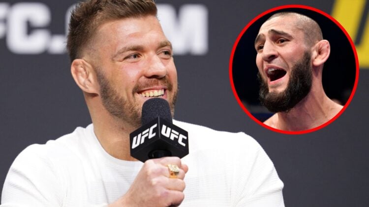 Dricus du Plessis on stage at the UFC 2024 seasonal press conference, inset Khamzat Chimaev reacts after beating Li Jingliang at UFC 267