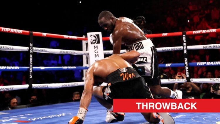 Terence Crawford knocks down Shawn Porter during boxing title fight