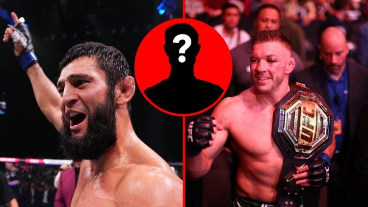 Split image of Khamzat Chimaev at UFC 308, Dricus du Plessis walking out of UFC Octagon, with mystery inset