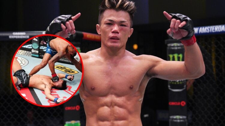 Toshiomi Kazama at UFC Apex, with inset of Toshiomi Kazama getting knocked out at UFC Vegas 109