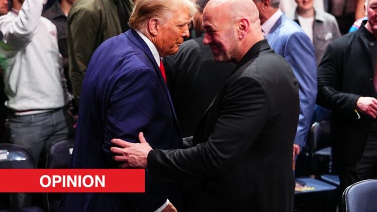 Dana White has a conversation with Donald Trump during UFC 309