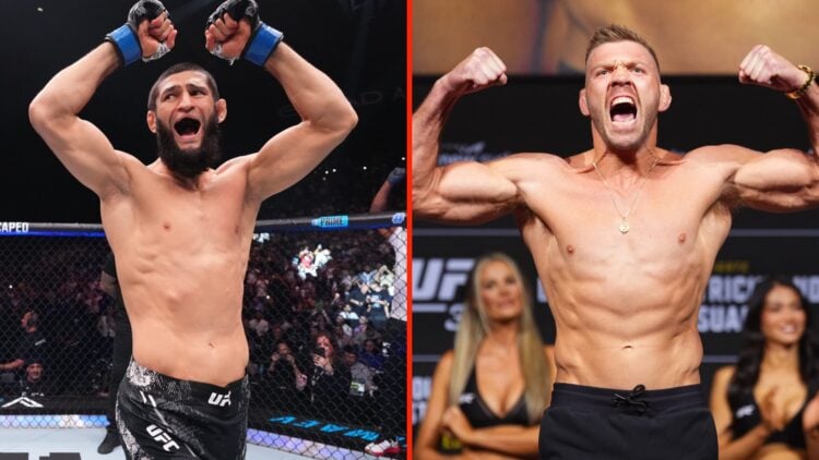 Khamzat Chimaev yelling after his victory over Robert Whittaker at UFC 294 and Dricus du Plessis poses on the scale at the UFC 312 ceremonial weigh-in