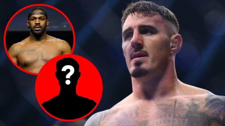 Tom Aspinall looks on during his UFC 304 fight with Curtis Blaydes, inset Jon Jones poses on the scales ahead of UFC 285, mystery icon