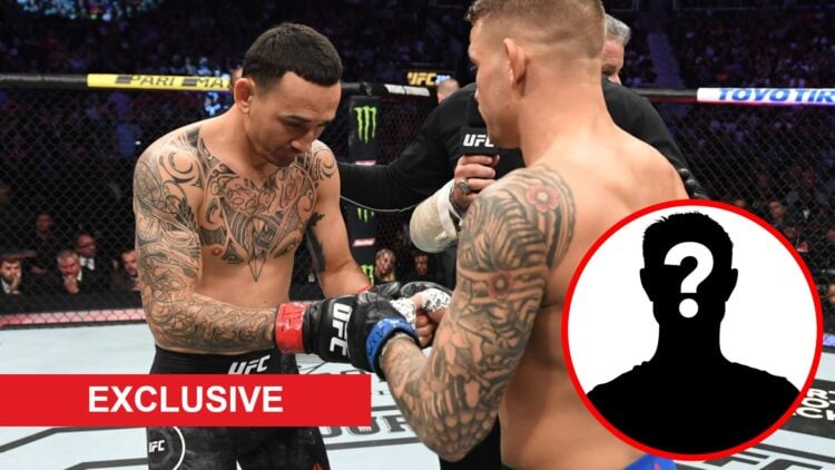 Max Holloway and Dustin Poirier touch gloves at UFC 236, inset mystery icon and exclusive banner