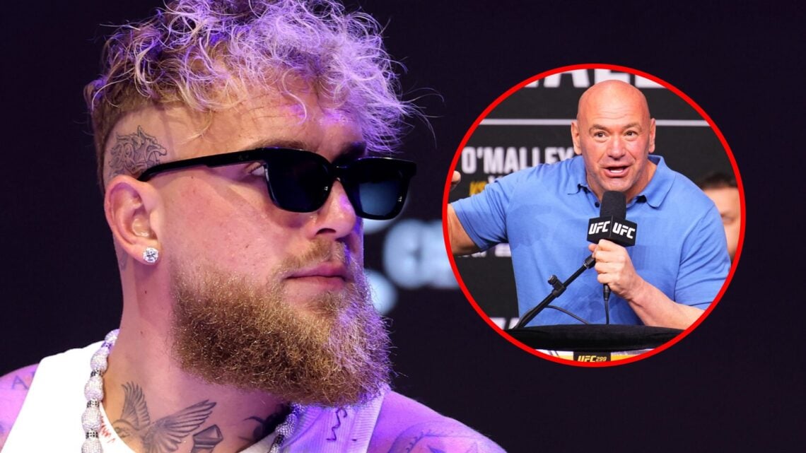 Main: Jake Paul on stage for a press conference ahead of his boxing match against Julio Cesar Chavez Jr. Inset: Dana White speaks on stage at the U...
