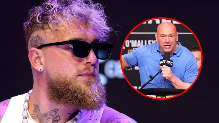 Main: Jake Paul on stage for a press conference ahead of his boxing match against Julio Cesar Chavez Jr. Inset: Dana White speaks on stage at the U...