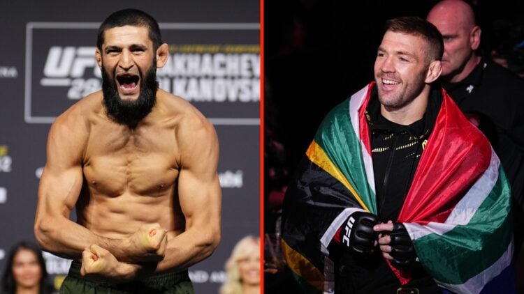 Khamzat Chimaev flexes his muscles at UFC 294 Ceremonial Weigh-In and Dricus du Plessis walks to the Octagon for his main event fight at UFC 312