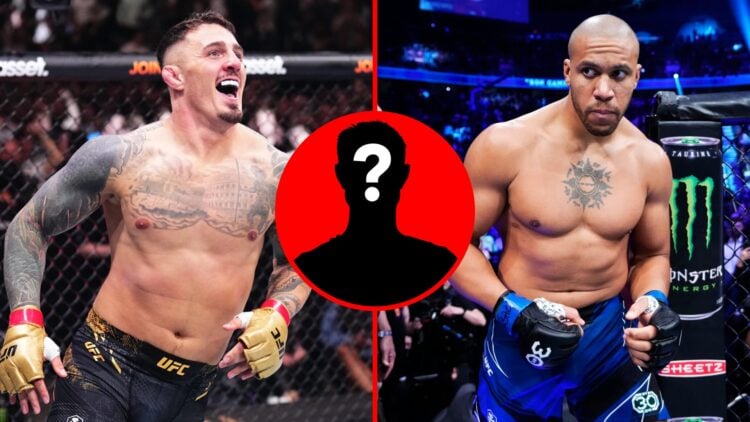 Left: Tom Aspinall celebrates after knocking out Curtis Blaydes in their title fight at UFC 304. Right: Ciryl Gane enters the cage for his title fi...