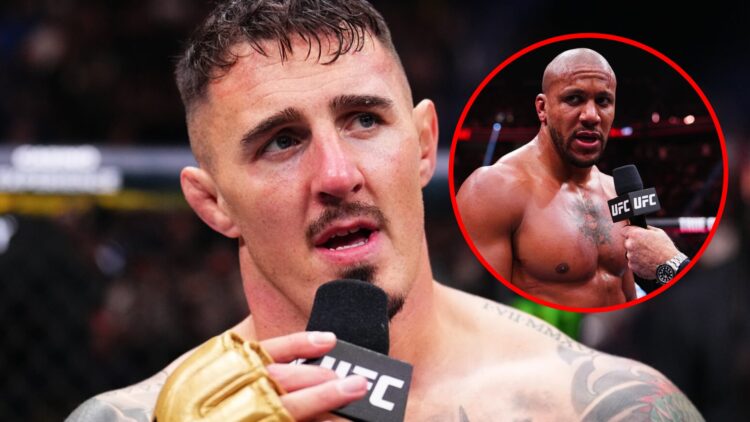 Main: Tom Aspinall is interviewed after his win over Curtis Blaydes at UFC 304. Inset: Ciryl Gane is interviewed after his win over Alexander Volko...