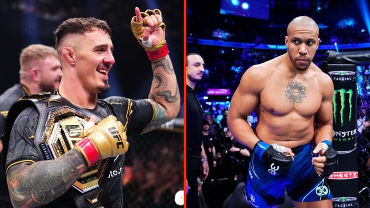 Tom Aspinall celebrates his UFC 304 win over Curtis Blaydes split with Ciryl Gane moments before his UFC 285 title fight against Jon Jones