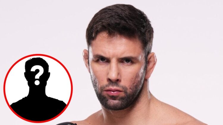 Marcus 'Buchecha' Almeida poses during a UFC photo shoot, inset mystery icon
