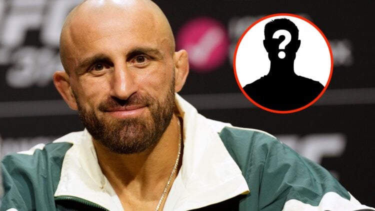 Alexander Volkanovski in attendance at the UFC 314 pre-fight press conference with an inset of a mystery fighter