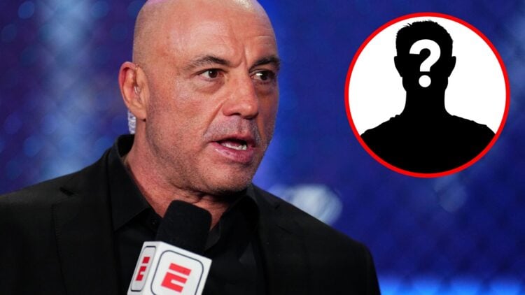 Joe Rogan speaks during the UFC 313 broadcast, inset mystery icon