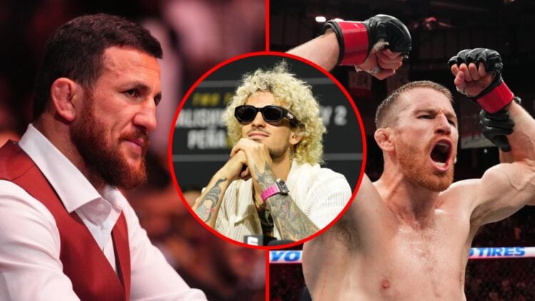 Split image of Merab Dvalishvili at UFC 317 and Cory Sandhagen at UFC Des Moines, overlay of Sean O'Malley at UFC 316 press conference