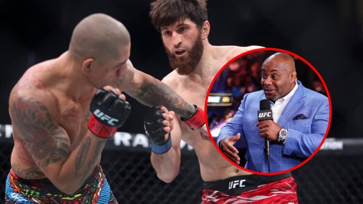 Main: Alex Pereira punches Magomed Ankalaev at UFC 313. Inset: Daniel Cormier commentates during a live segment at UFC 317.