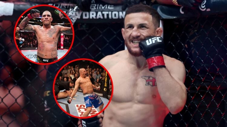 Main: Merab Dvalishvili in the cage ahead of his title fight against Sean O'Malley at UFC 316. Top Inset: Alex Pereira reacts after his defeat to M...