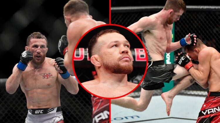 Split image of Merab Dvalishvili fighting Petr Yan and Cory Sandhagen fighting Petr Yan, with inset of Petr Yan at UFC Abu Dhabi