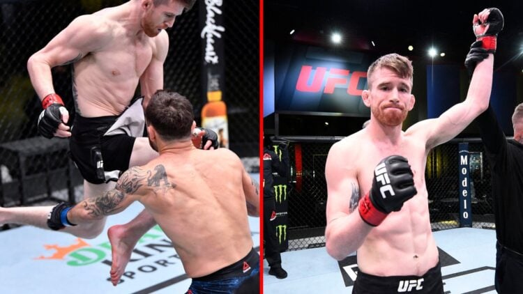 Split image of Cory Sandhagen knee'ing Frankie Edgar in UFC fight, Cory Sandhagen getting hand raised in the Octagon