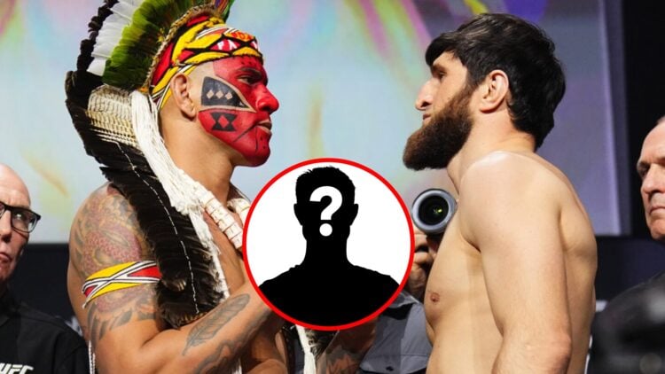 Main: Alex Pereira and Magomed Ankalaev's final face-off at UFC 313 weigh-ins. Inset: Mystery fighter