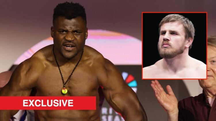 Francis Ngannou poses on the scales during the ceremonial weigh-in for his fight vs. Anthony Joshua, inset Alexander Romanov entering the UFC Octagon.