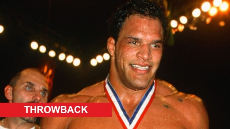 Mark Kerr reacts after winning the UFC 14 heavyweight tournament, inset throwback banner