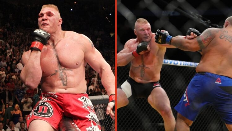 Brock Lesnar climbs the cage at UFC 116 to celebrate his win over Shane Carwin and Brock Lesnar punches Mark Hunt during their fight at UFC 200BR: