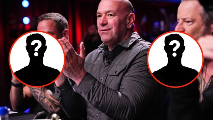 Dana White claps at his desk during Dana White's Contender Series with two mystery icons either side of him
