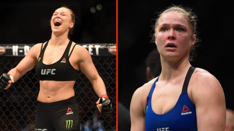 Ronda Rousey celebrates after defeating Cat Zingano at UFC 184 and Ronda Rousey following her UFC 207 loss to Amanda Nunes