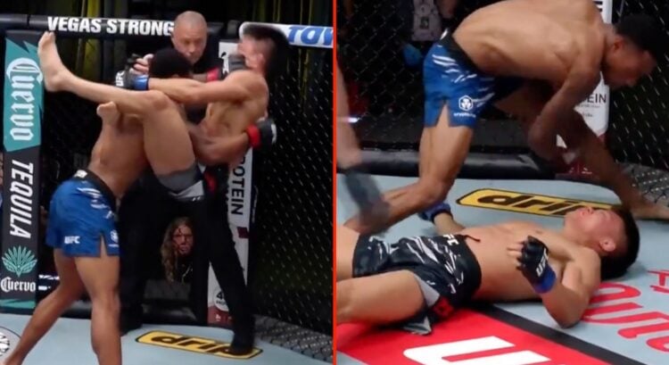 Split image of Elijah Smith slamming and punching Toshiomi Kazama at UFC Vegas 109.