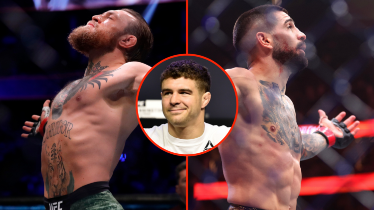 Split image of Conor McGregor at UFC 246, Ilia Topuria at UFC 317, inset of Al Iaquinta at UFC 223 press conference
