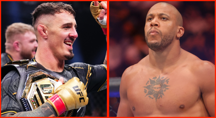 Tom Aspinall reacts after his knockout win at UFC 304, opposite Ciryl Gane in the cage at UFC 310