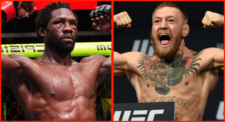 Jared Cannonier flexes after defeating Gregory Rodrigues, opposite Conor McGregor posing on the scale at the UFC 202 ceremonial weigh-in