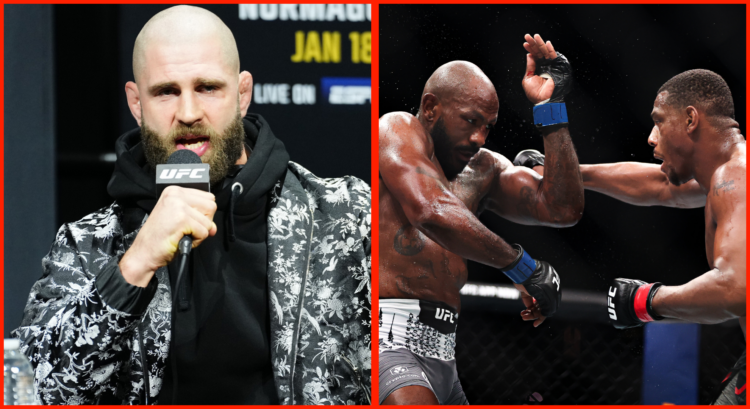 Jiri Prochazka answers a question at the UFC 311 press conference, opposite Khalil Rountree Jr. and Jamahal Hill at UFC Baku