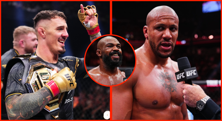 Tom Aspinall reacts following his UFC 304 win split with Ciryl Gane talking to Joe Rogan after his UFC 310 win, with an inset of Jon Jones followin...