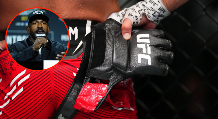 Matt Schnell's gloves following a submission loss to Cody Durden, inset Khalil Rountree Jr. at the UFC 307 pre-fight press conference