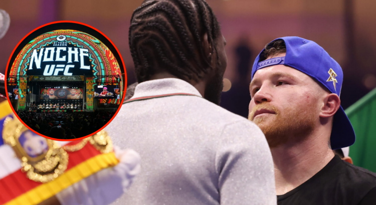 Canelo Alvarez and Terence Crawford face off, inset of the Sphere ahead of UFC 316