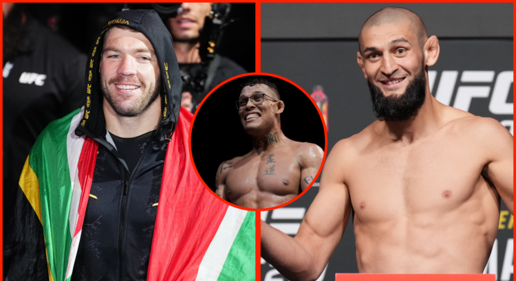 Dricus du Plessis walks to the Octagon at UFC 305, opposite Khamzat Chimaev at the UFC 279 weigh-ins, inset Caio Borralho after a win at UFC 283