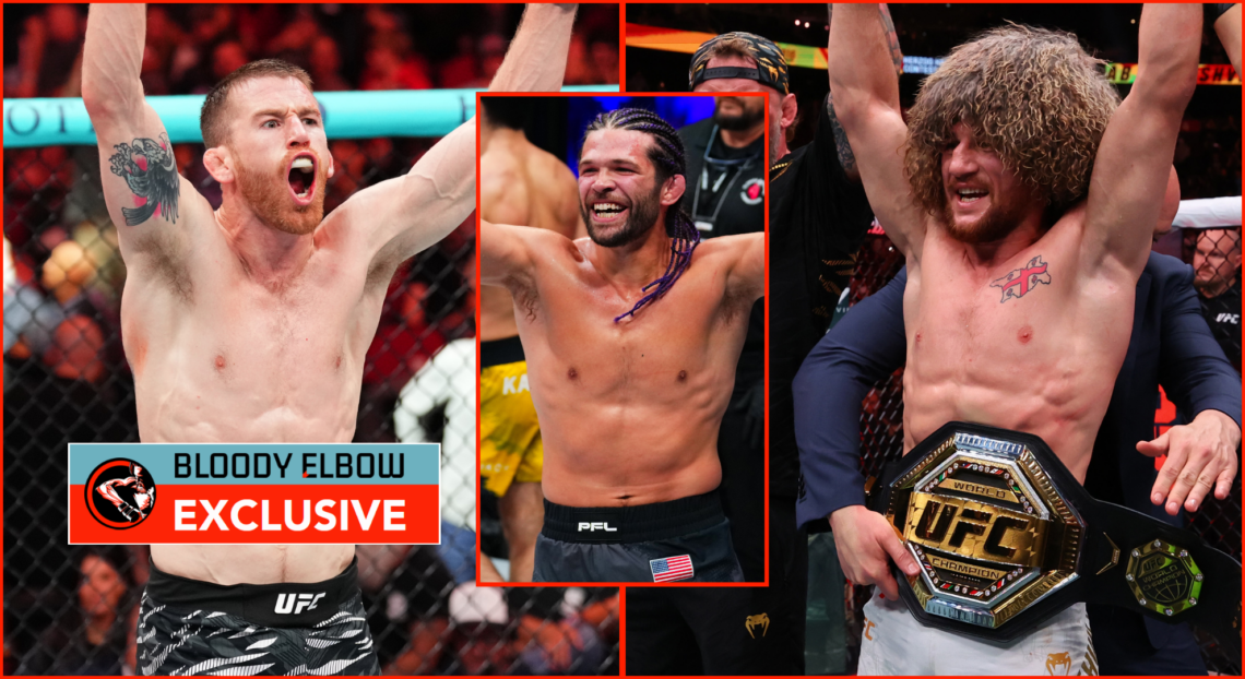 Left photo shows Corey Sandhagen, Middle shows Justin Wetzell and Right shows Merab Dvalishvili (with his UFC belt). All are celebrating with their...