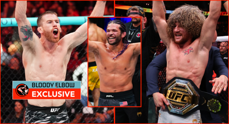 Left photo shows Corey Sandhagen, Middle shows Justin Wetzell and Right shows Merab Dvalishvili (with his UFC belt). All are celebrating with their...