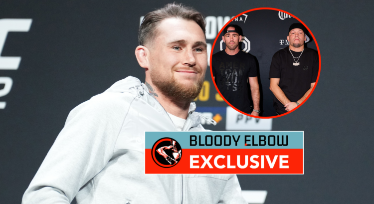 Darren Till at a UFC press conference (main photo), Jake Shields and Nate Diaz at a UFC event (bubble)