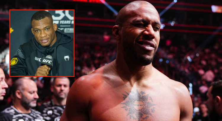 Ciryl Gane leaves the Octagon after his fight with Alexander Volkov at UFC 310, inset Jailton Almeida at the UFC Charlotte press conference