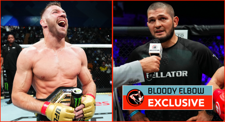 Left shows Dricus Du Plessis with his UFC belt, Right shows Khabib Nurmagomedov doing an interview